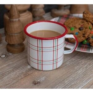 Ragon House Red, Green & White Camp Mug Enamelware Coffee Cup Plaid NEW